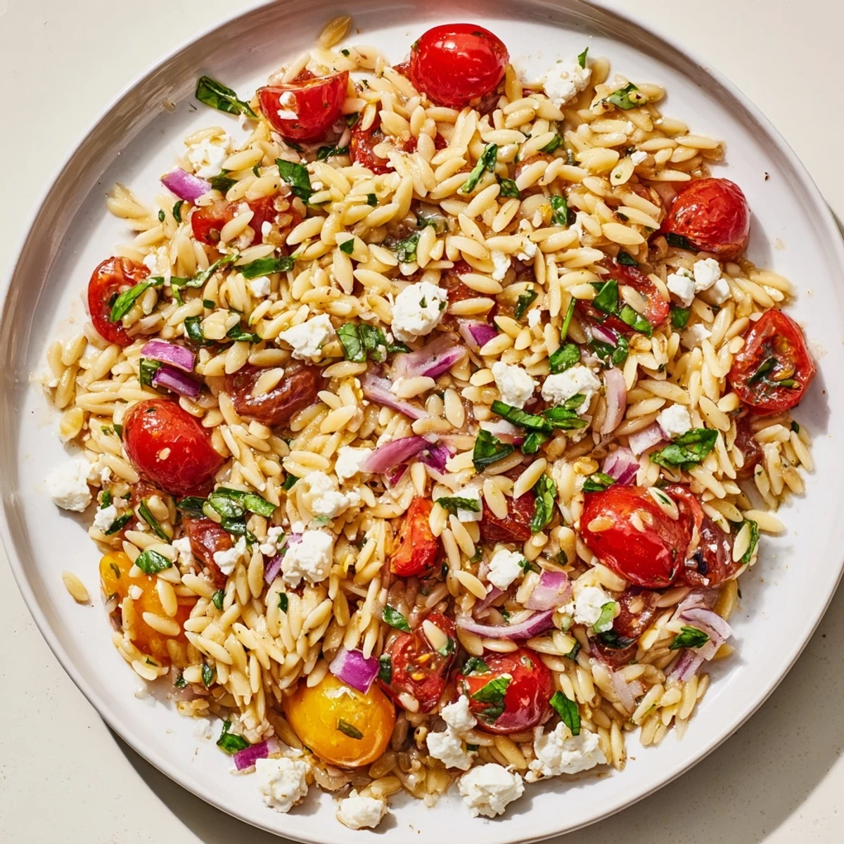 Mediterranean flavors burst from the bowl of Tomato Feta Orzo, ready to enjoy as a light meal.