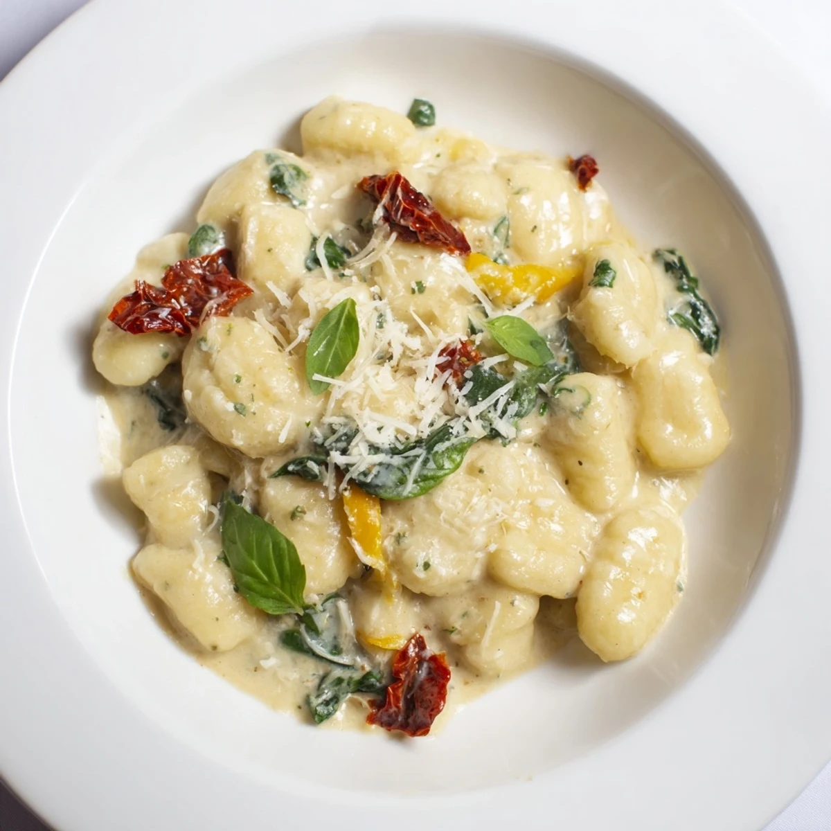A close-up of Creamy Tuscan Gnocchi, showcasing a rich cream sauce and fresh basil garnish.