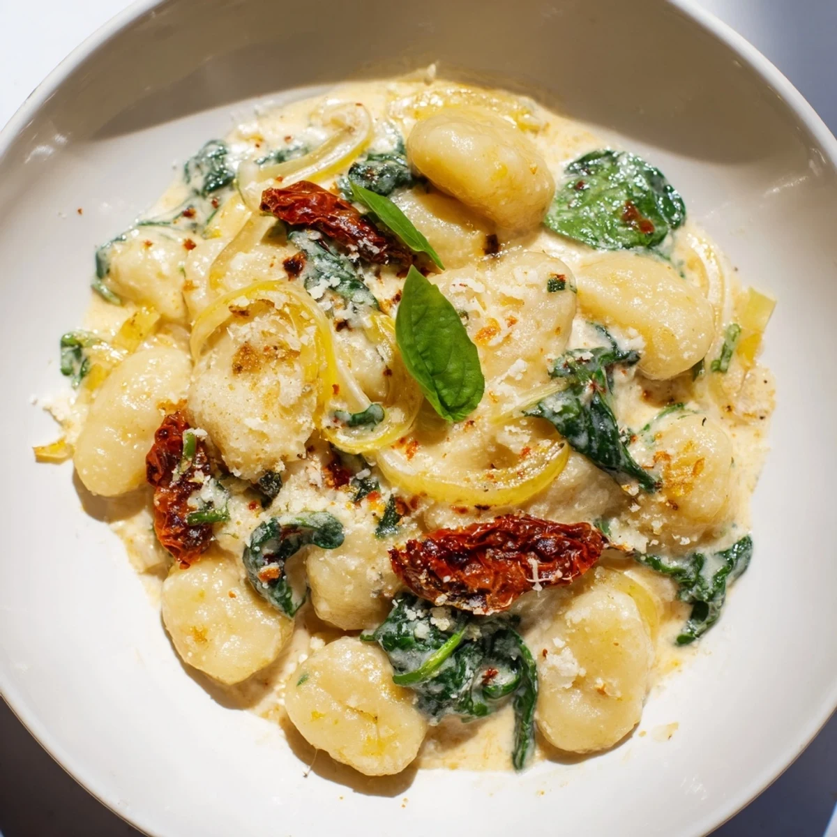 Warm bowl of Creamy Tuscan Gnocchi, the comforting Italian dish ready for a delicious dinner.