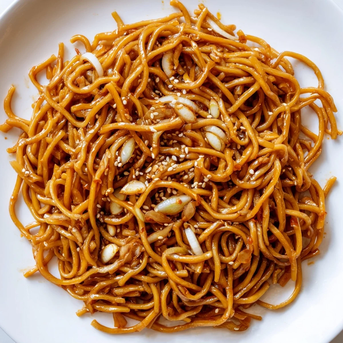 Vibrant image of Garlic Chili Oil Noodles: perfectly coated noodles with a fiery red chili oil sauce, ready to eat.