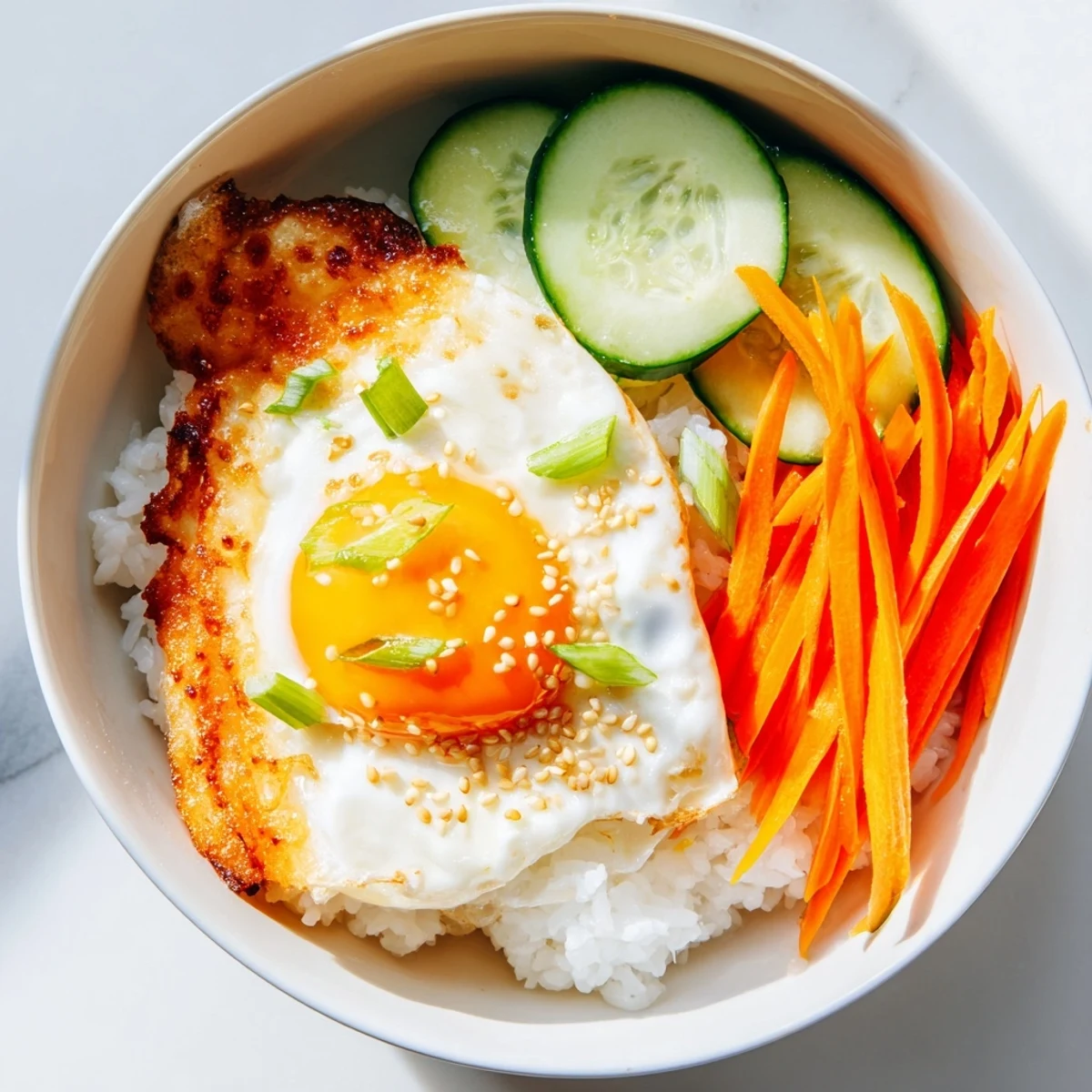Crispy Egg Rice Bowl: golden, crunchy rice topped with a runny fried egg, fresh veggies, and savory sauce.