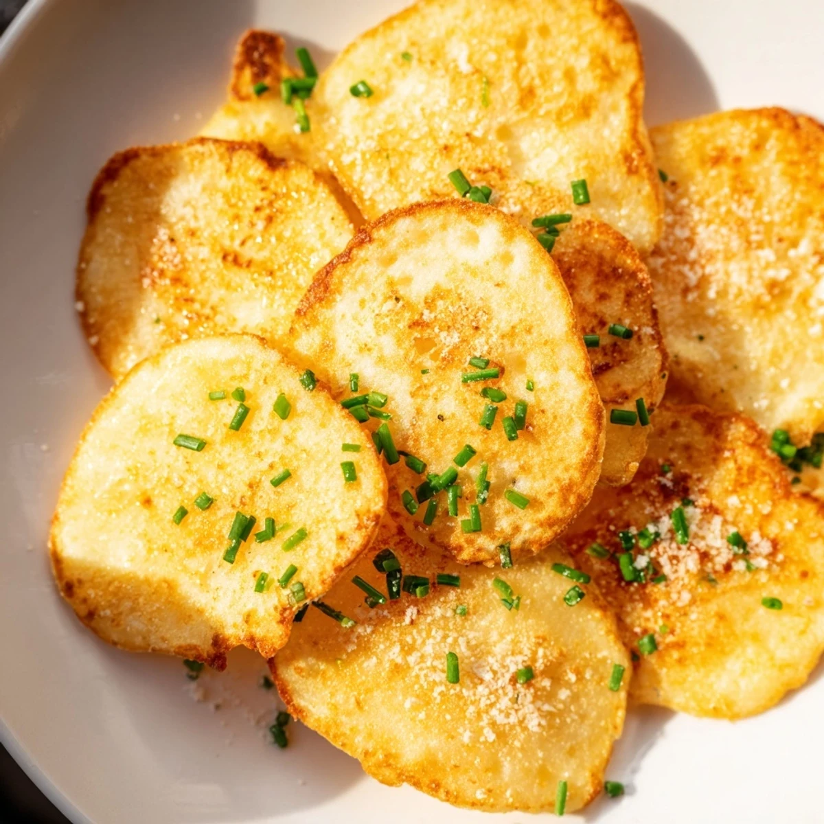 Perfectly crispy Cottage Cheese Chips, served with fresh chives, a healthy, protein-rich treat.