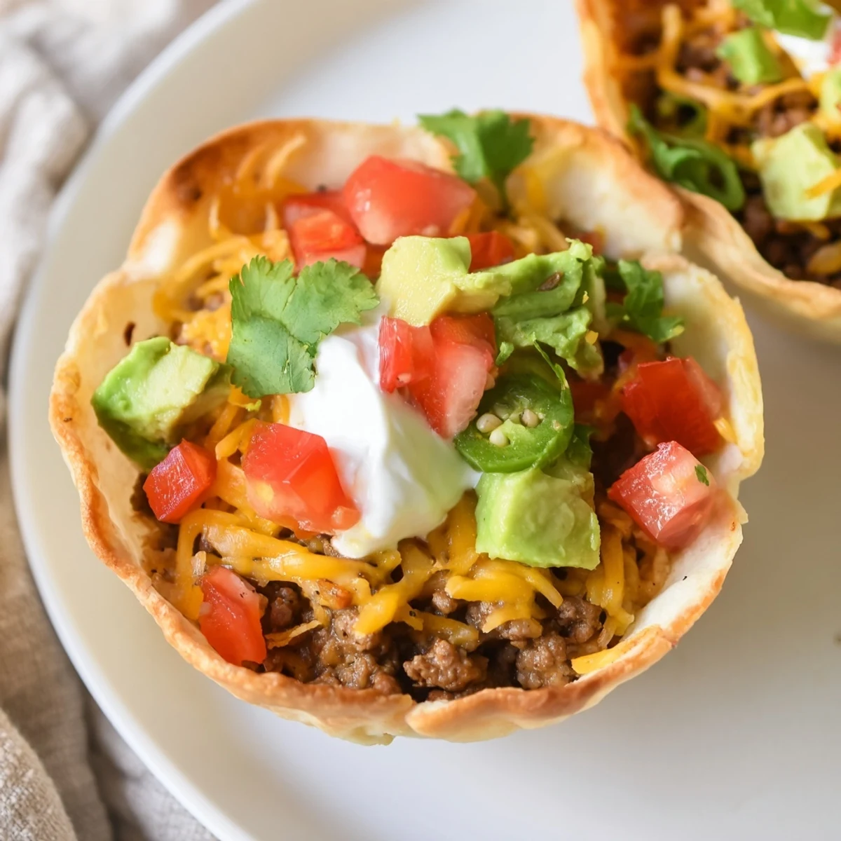 Golden, baked mini taco cups with a savory filling, ready to be topped with fresh salsa.