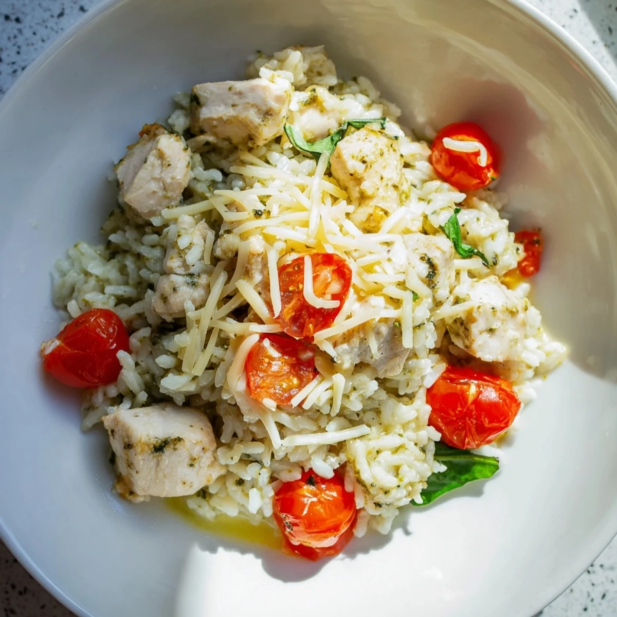 Chicken Pesto Rice Bake bubbling with melty mozzarella and golden Parmesan cheese, perfect for dinner.