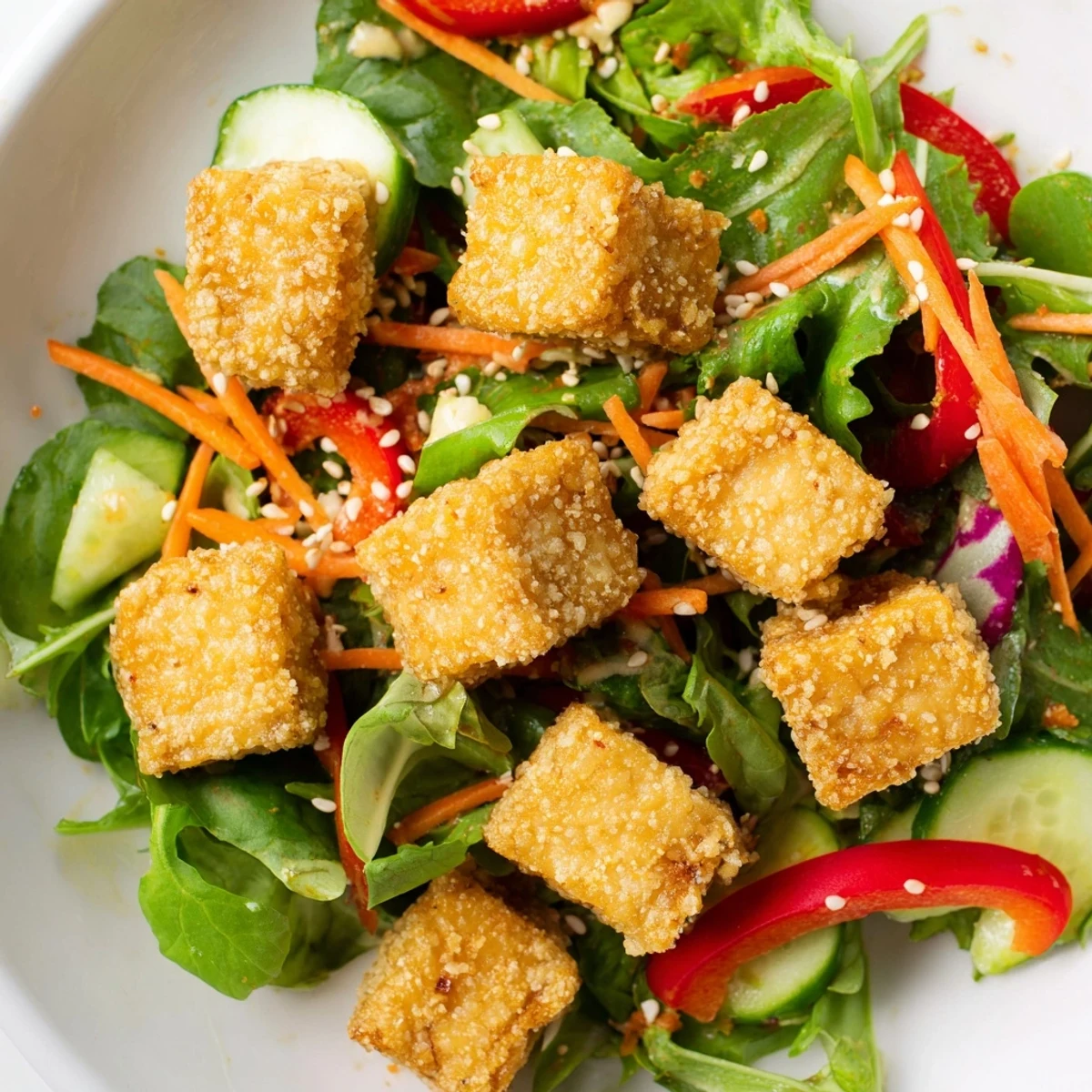Crispy tofu salad with golden tofu cubes, vibrant veggies, and drizzled ginger-soy dressing beautifully presented.