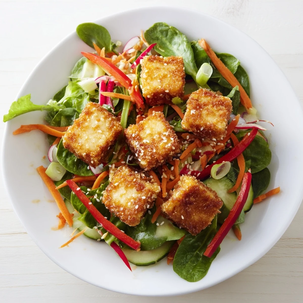 A light and flavorful crispy tofu salad, featuring fried tofu on a bed of greens for a satisfying meal.