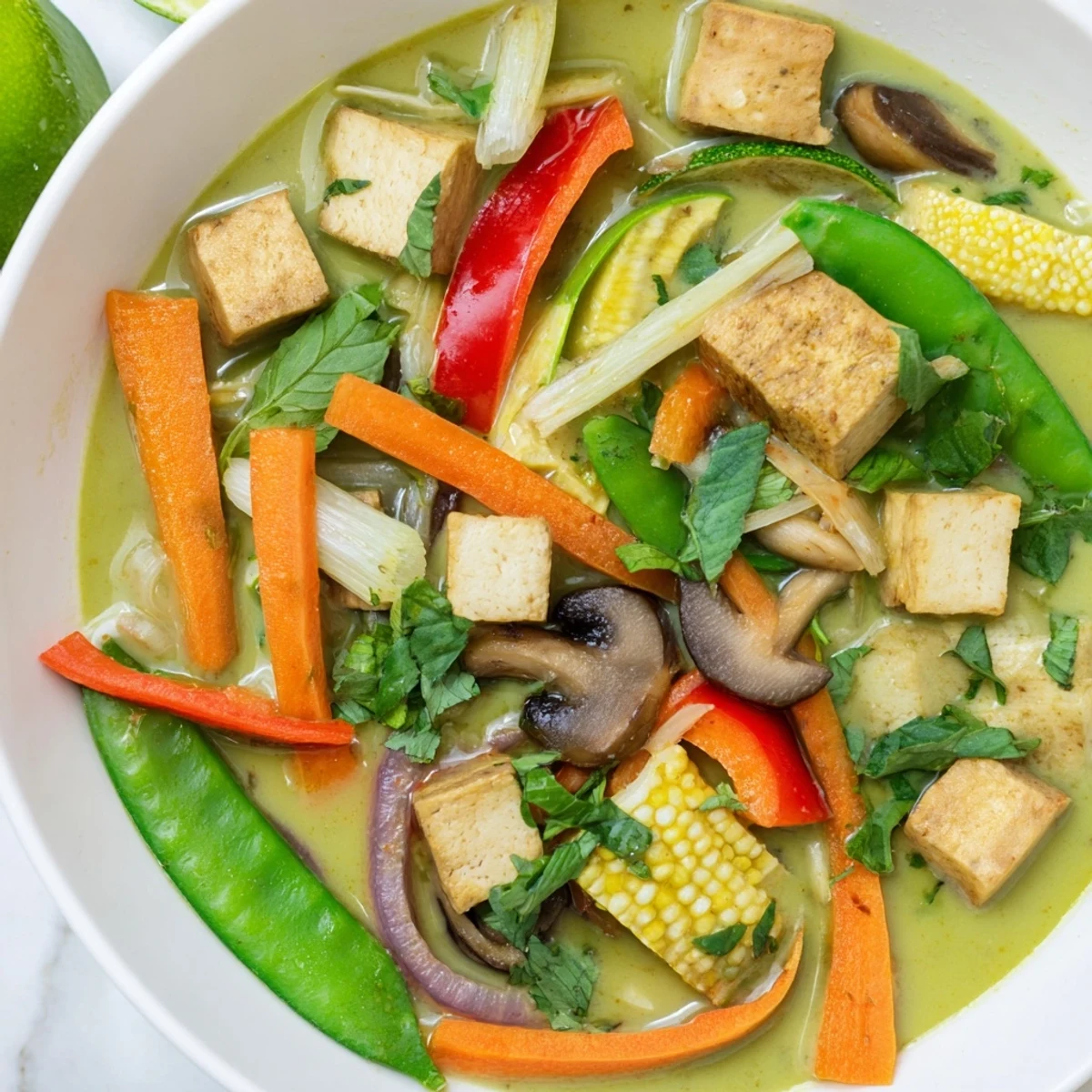A steaming bowl of Thai Green Curry Coconut Soup, showcasing colorful vegetables and creamy broth.