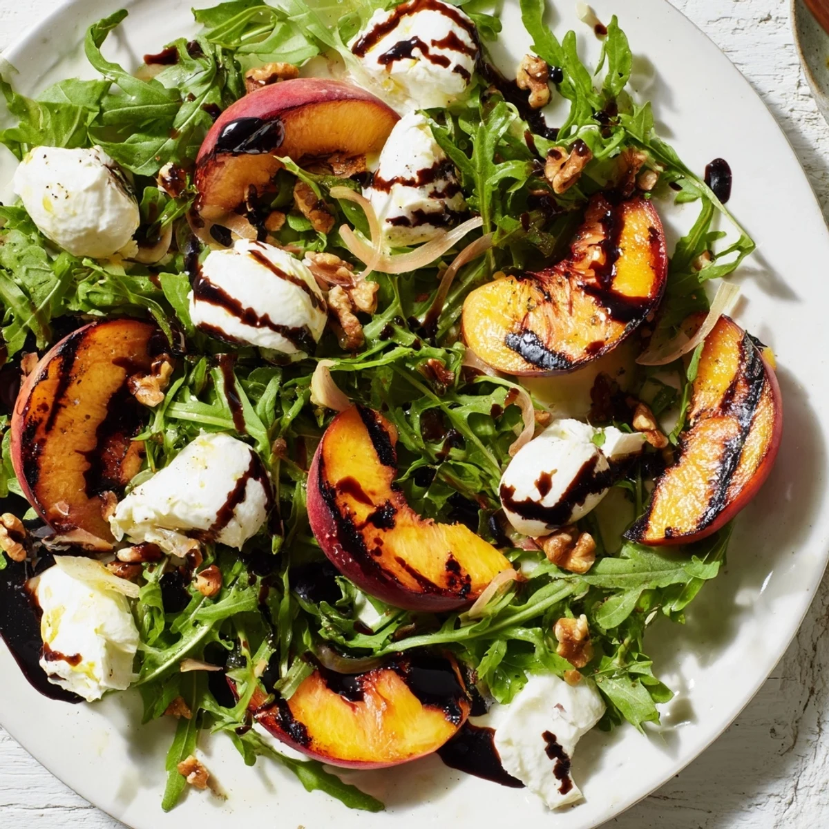Grilled Peach Salad with charred peaches, burrata, and balsamic glaze, a summer delight.