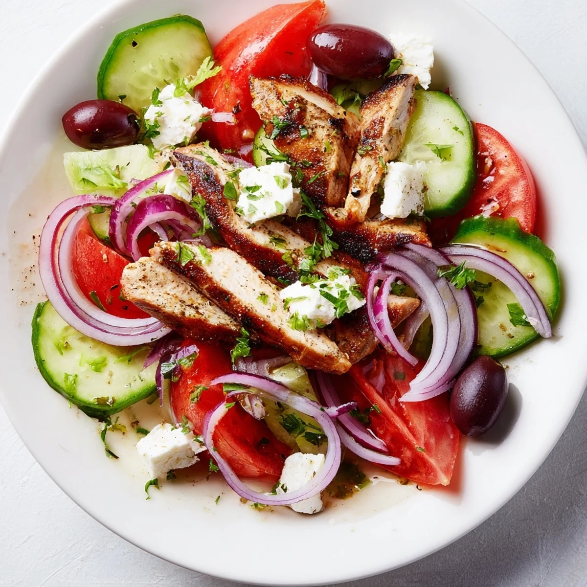 Close-up of a delicious Greek salad with grilled chicken, perfect for a summer lunch.