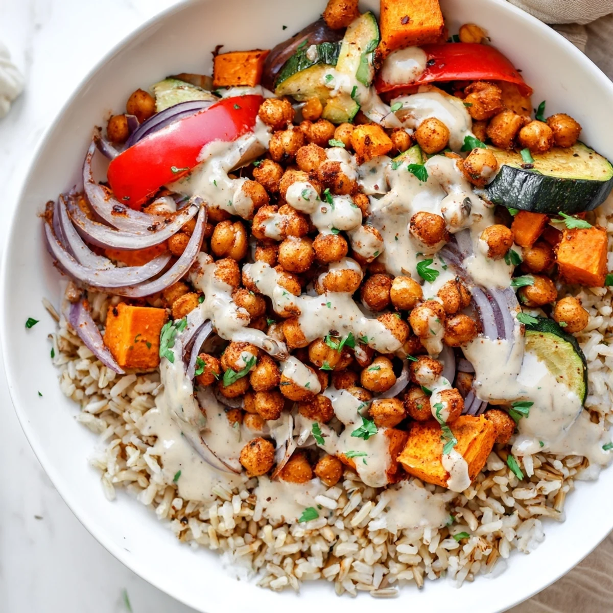 Golden crispy roasted chickpeas nestled with colorful veggies make this Buddha bowl delicious.