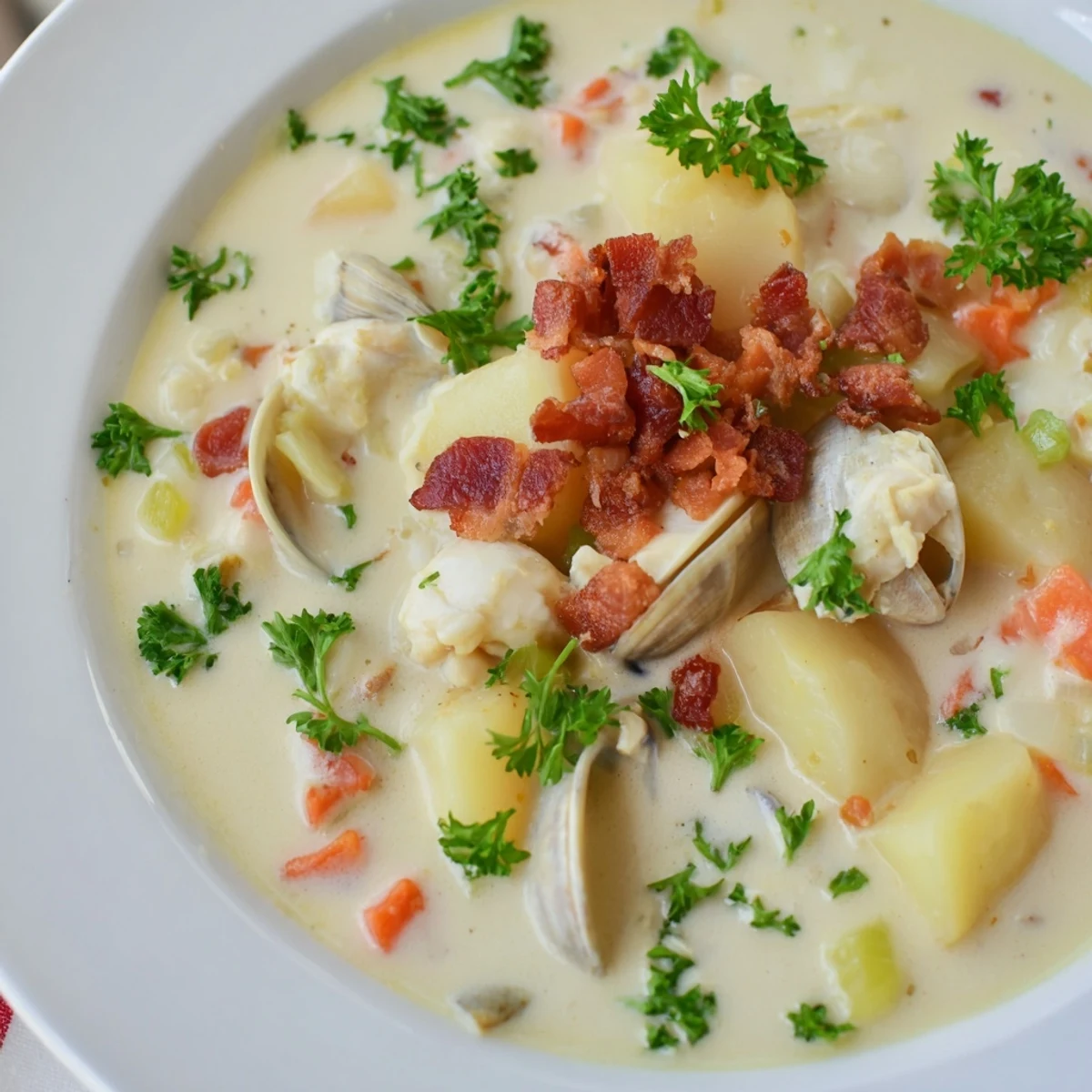 Thick and hearty New England Clam Chowder, filled with tender clams and potatoes, ready to be enjoyed.