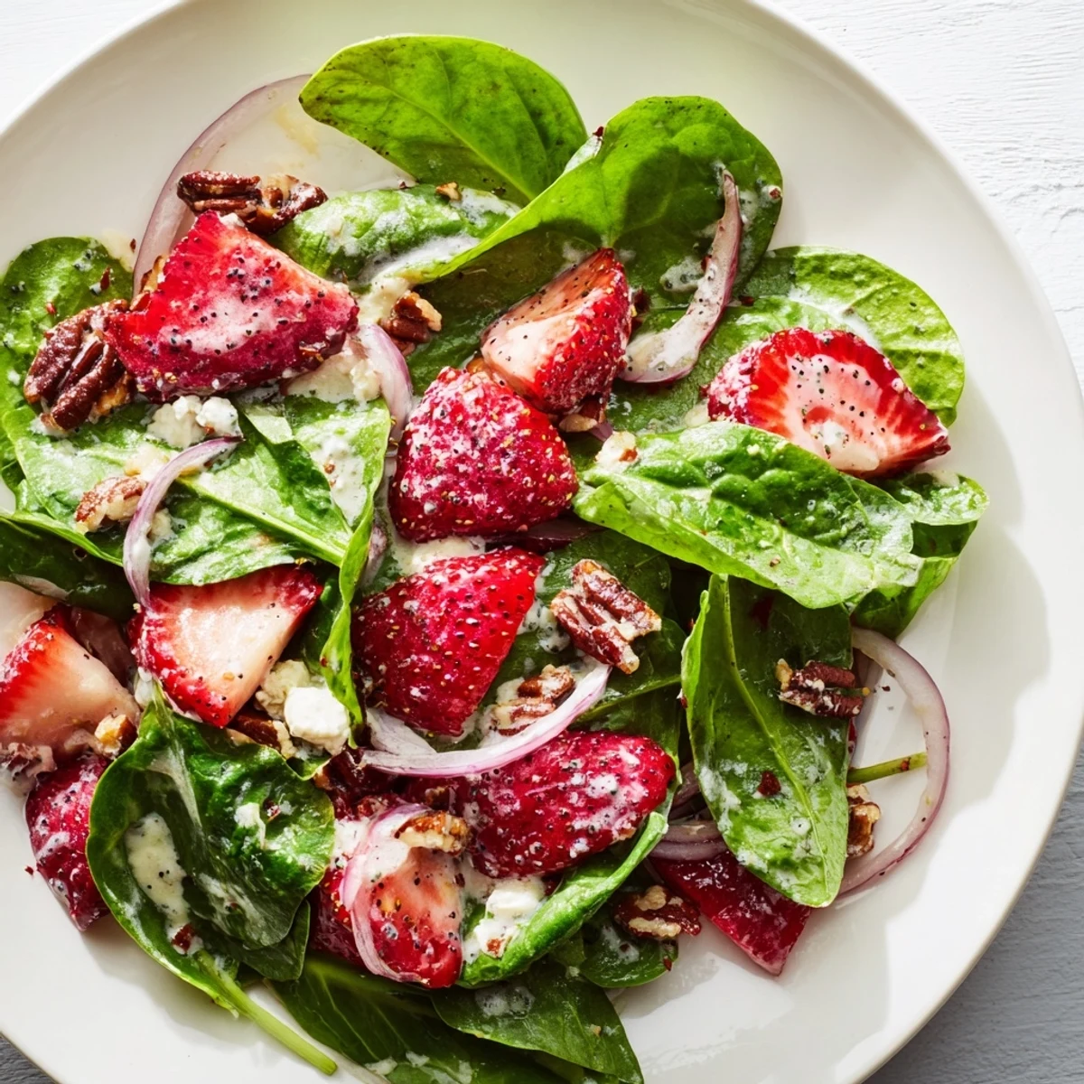 This fresh strawberry spinach salad features sweet berries, candied pecans, and creamy poppy seed dressing.