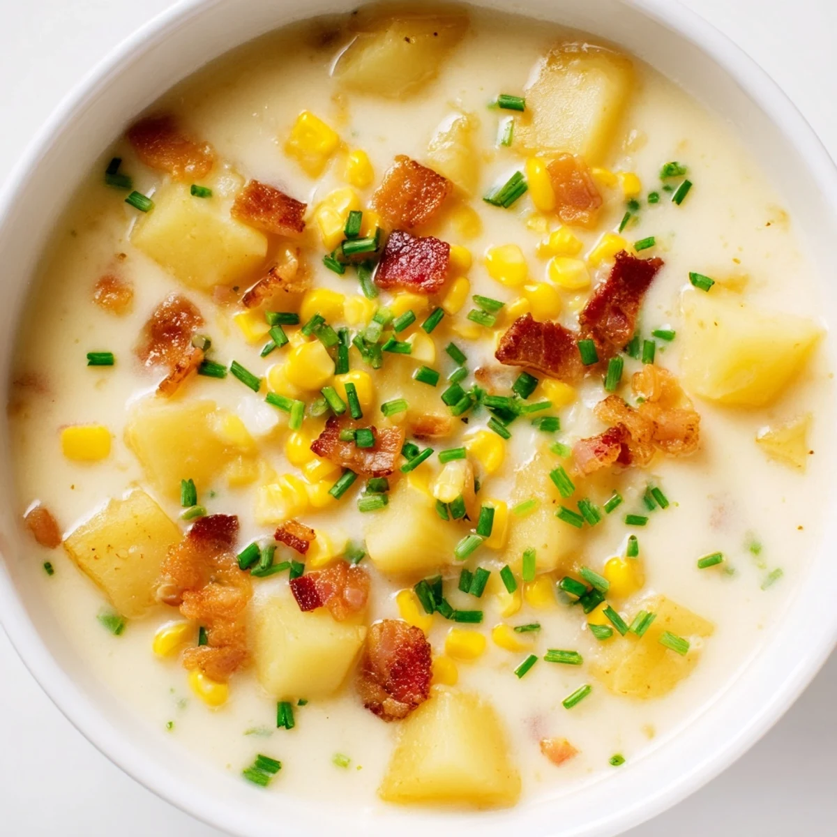 Hearty corn chowder soup with crispy bacon, creamy broth, and sweet corn kernels, ready to eat.