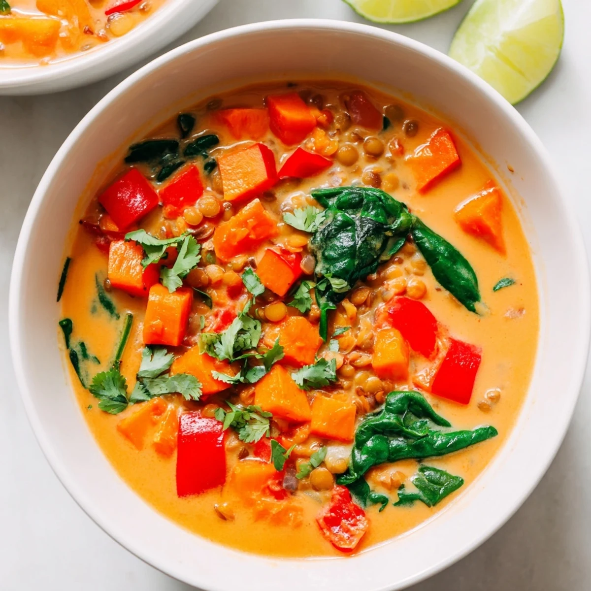 Steaming bowl of flavorful lentil red curry soup, perfect for a cozy, healthy dinner.