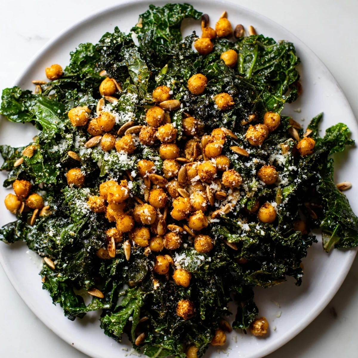 Warm kale salad with crispy chickpeas, a colorful display with crunchy chickpeas and bright green kale.