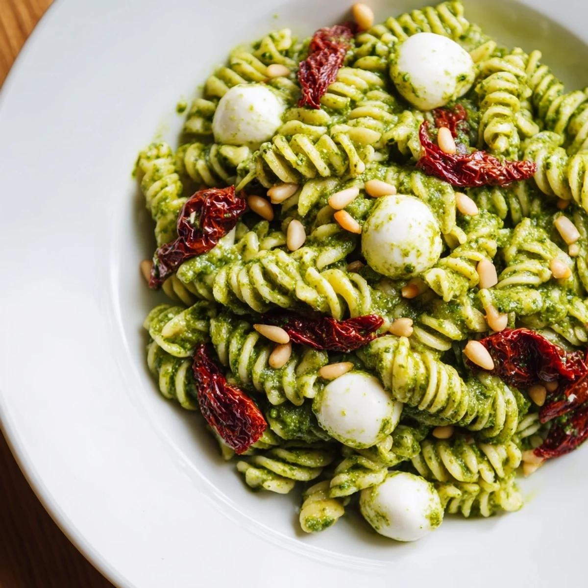 Fresh basil pesto pasta salad, loaded with sun-dried tomatoes and creamy mozzarella, perfect for summer.