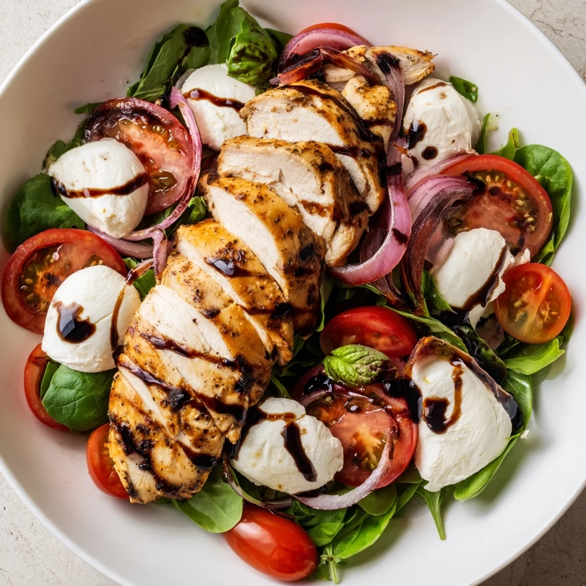 Delicious Caprese Chicken Salad served, showcasing fresh mozzarella, chicken, and tomatoes.