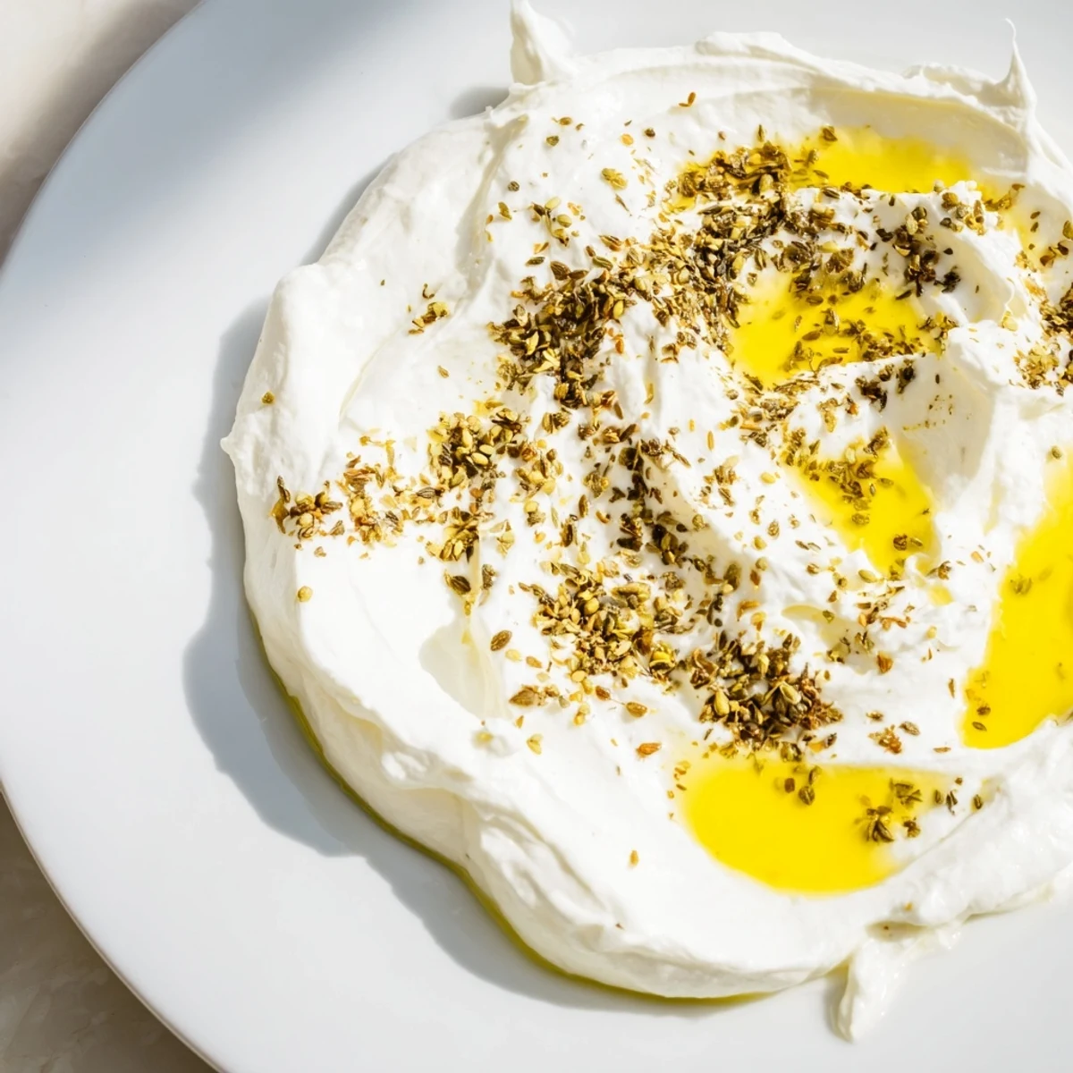 Creamy Levantine labneh cheese drizzled with olive oil, ready to be served with pita bread.