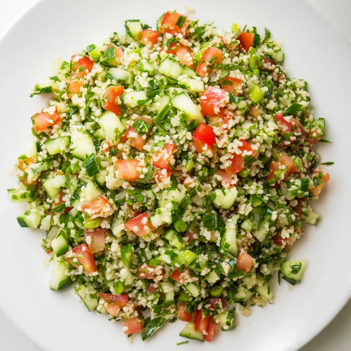 Un gros plan de la salade de taboulé libanaise vibrante, avec du bulgur et des herbes fraîches mélangées.