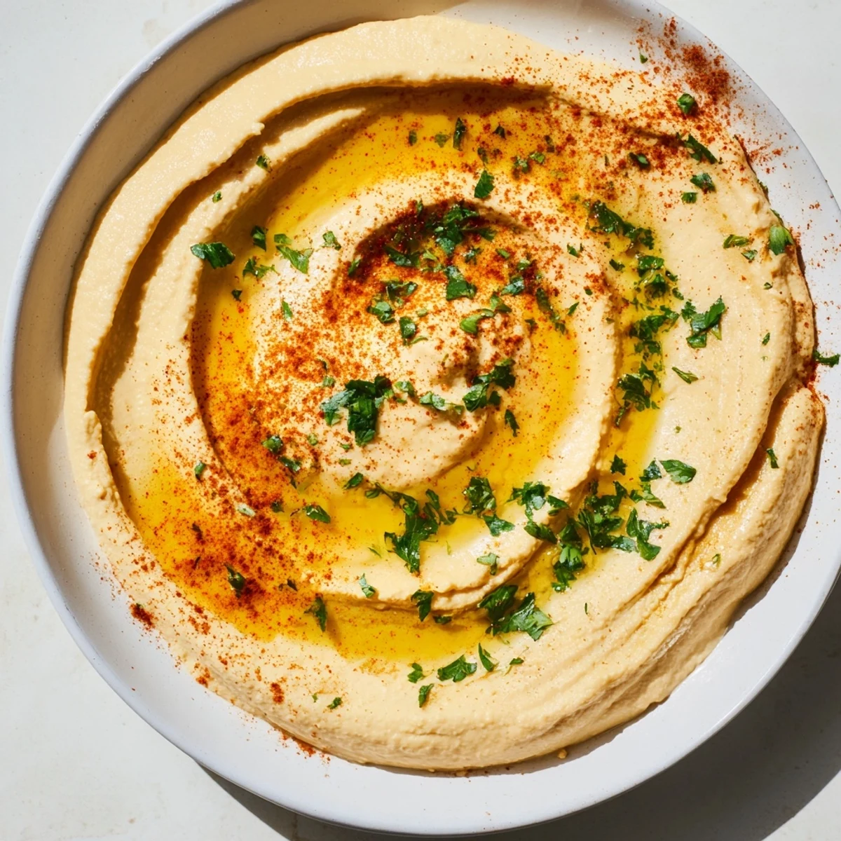 Freshly made Levantine hummus, a smooth and flavorful dip, garnished with parsley for color.