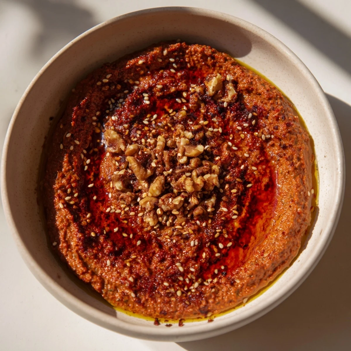 Smoky Syrian Muhammara dip, a vibrant red color, ready to be scooped up with warm pita.