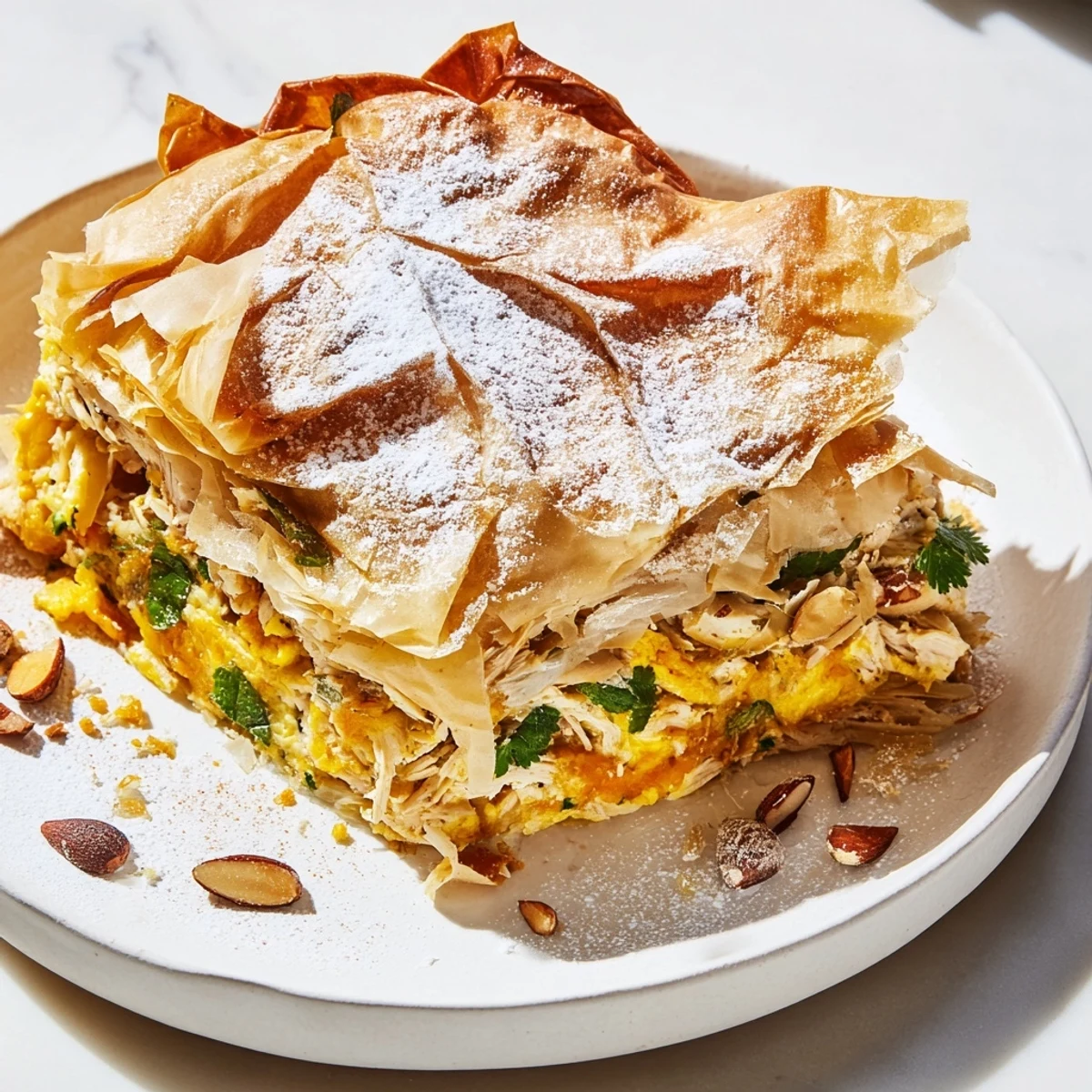 Golden, flaky layers of phyllo reveal a savory Moroccan Pastilla Pie, dusted with sugar.