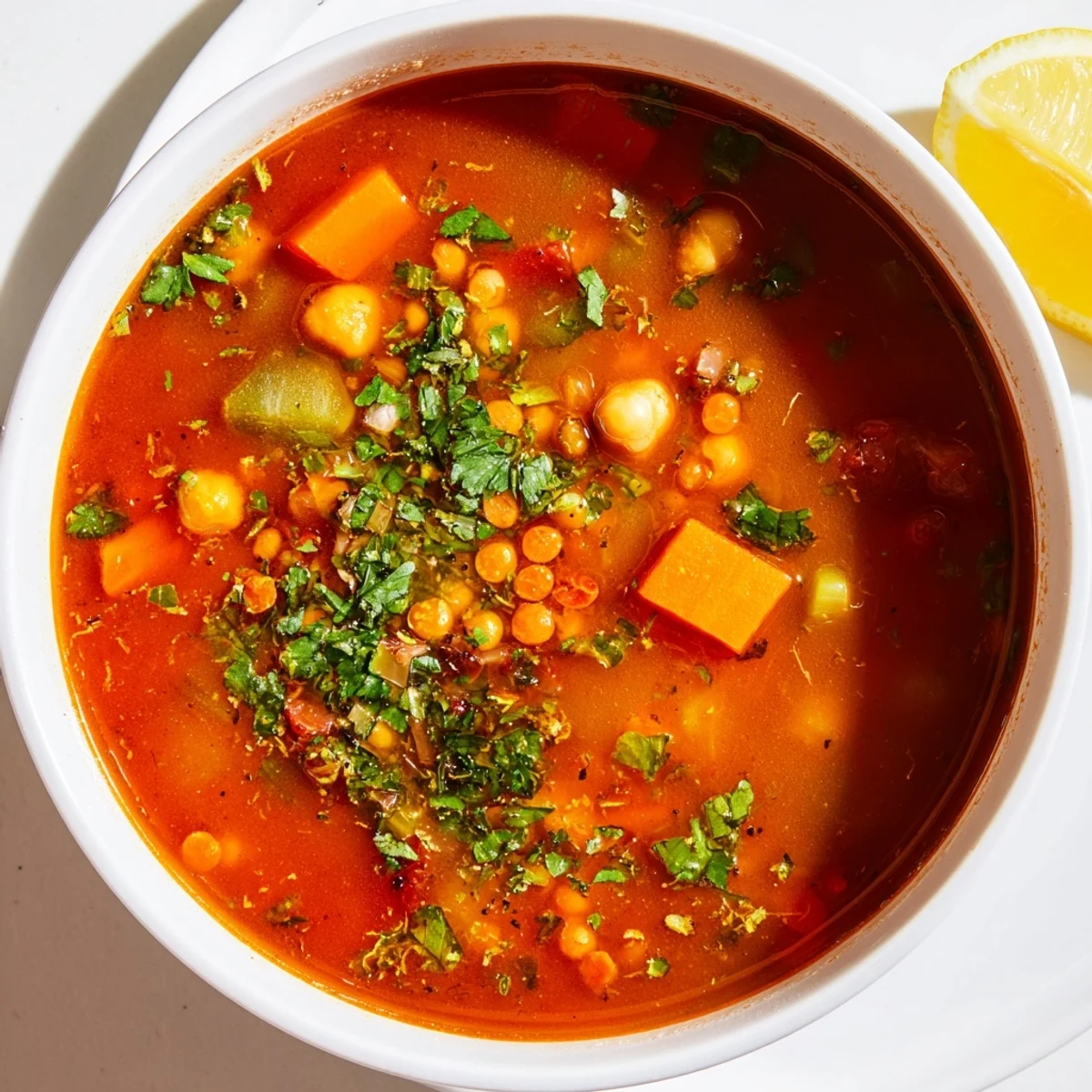 Close-up of a flavorful North African Harira Soup, perfect for a cozy, flavorful meal.