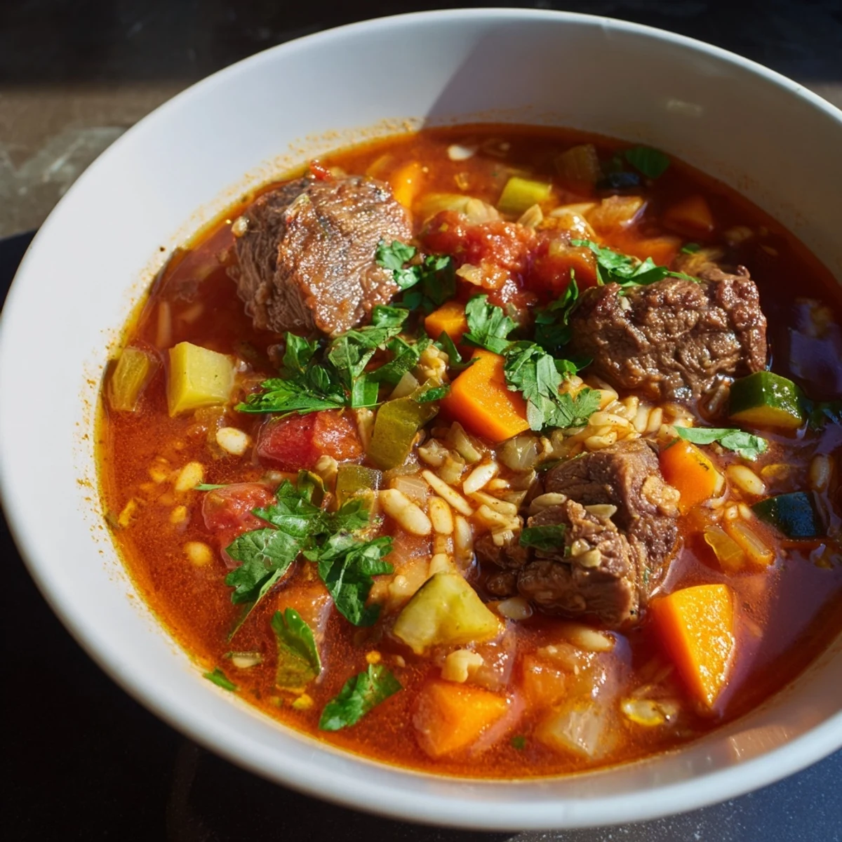 A steaming bowl of Algerian Chorba, rich with tender lamb and aromatic vegetables.
