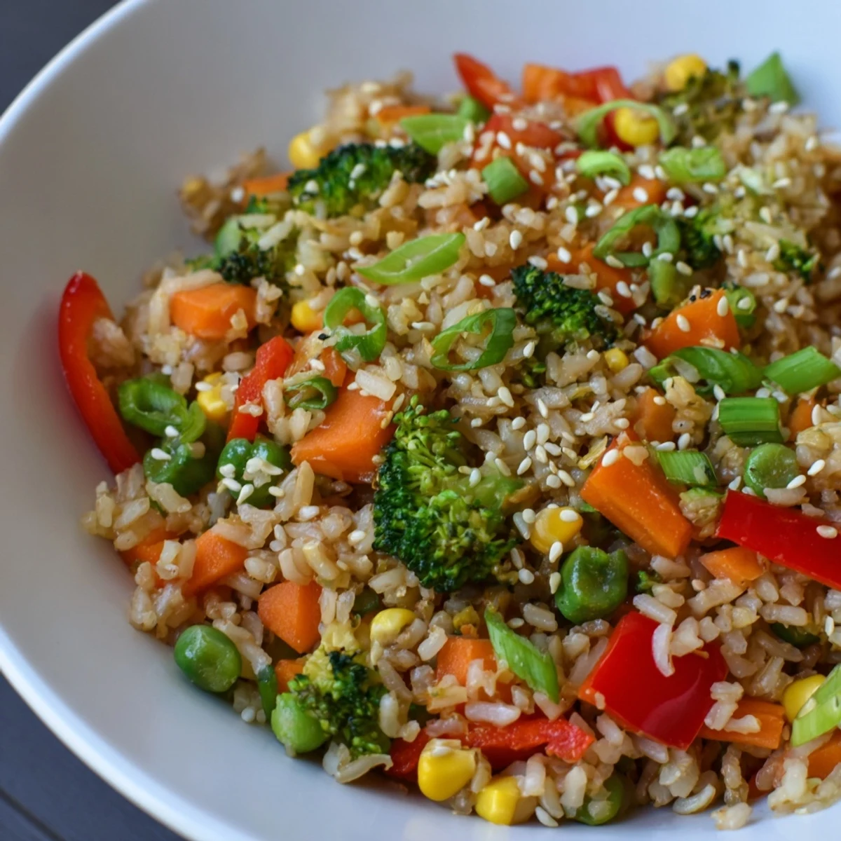 A vibrant bowl of vegetable fried rice, showing colorful veggies and fluffy rice.