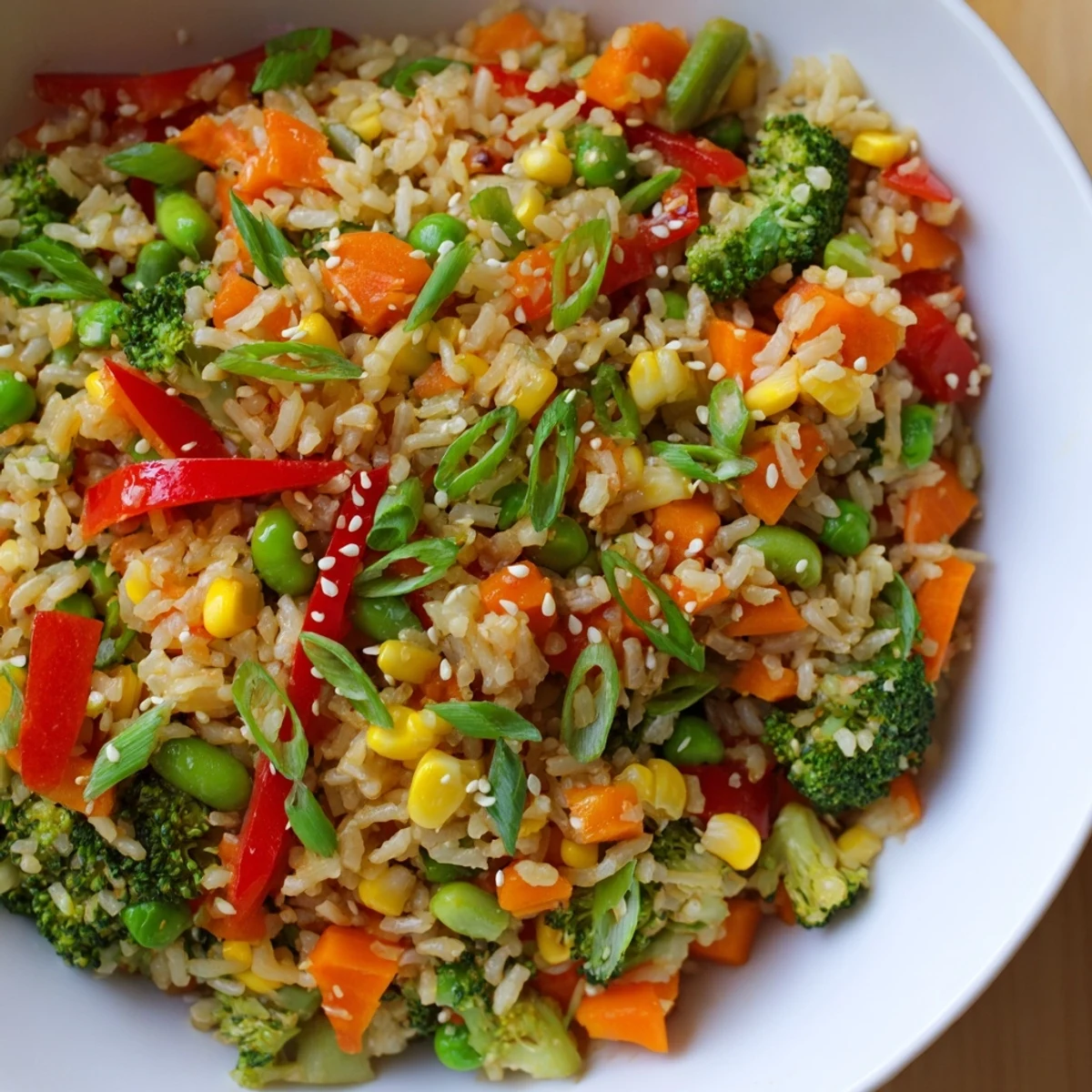 Close-up of vegetable fried rice, with visible peas and perfectly cooked rice grains.