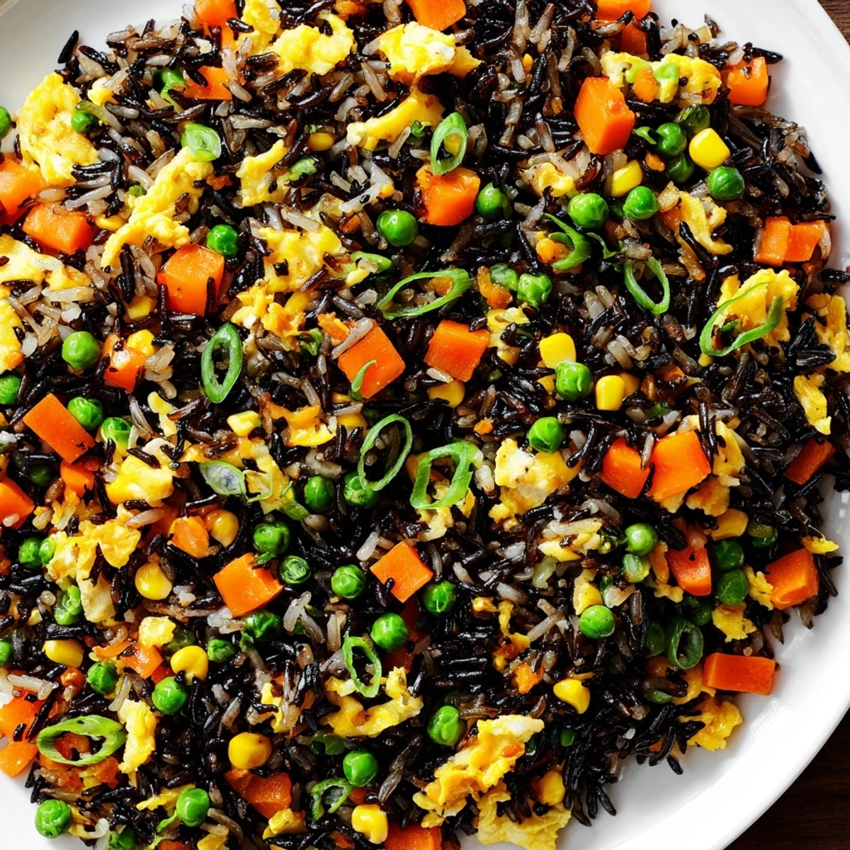 A steaming bowl of flavorful Black Garlic Fried Rice, garnished with fresh scallions, ready to enjoy.