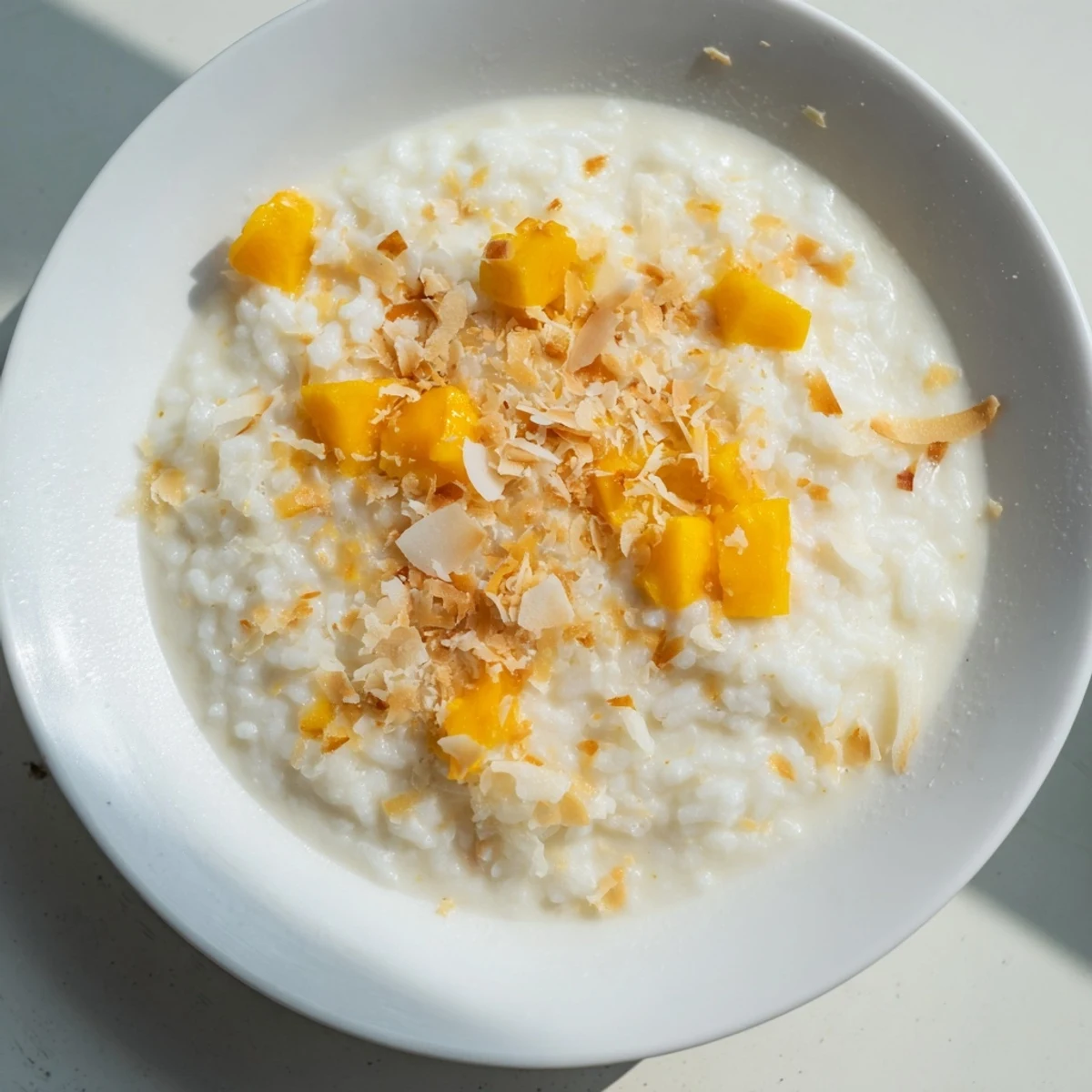 Creamy coconut rice sweet dessert, served warmly, scattered with toasted coconut flakes, ready to enjoy.