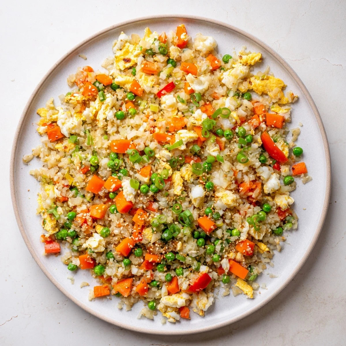 Délicieux riz frit au chou-fleur, avec des légumes vibrants et des œufs brouillés.