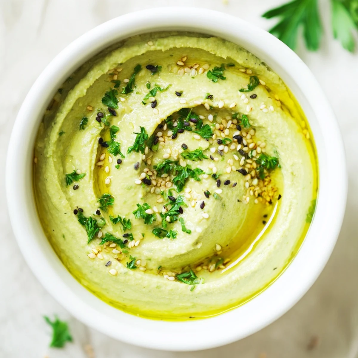 Vibrant green edamame hummus drizzled with olive oil, perfect for dipping fresh vegetables.