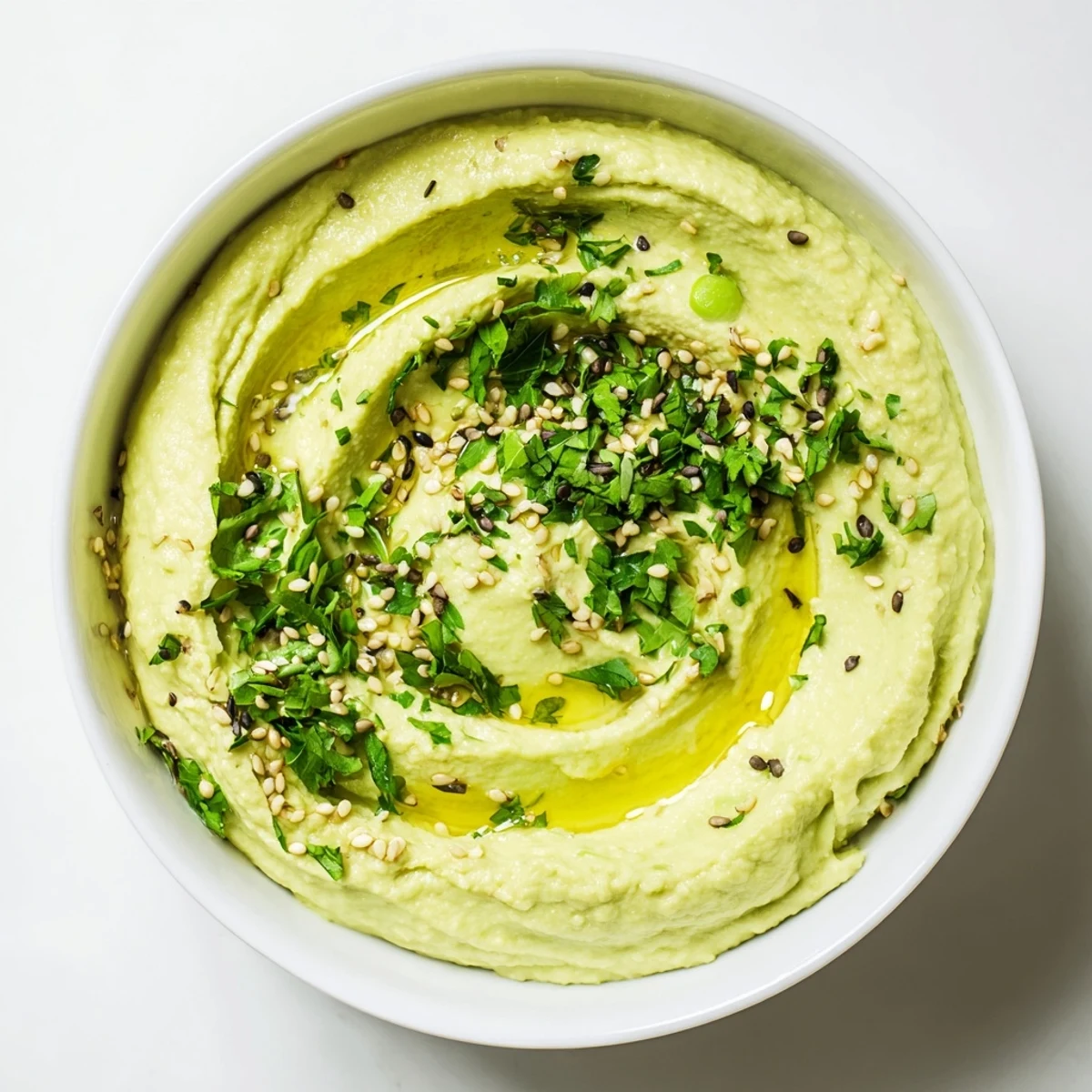 Homemade edamame hummus with a sprinkle of sesame seeds, a fresh and delicious vegan appetizer.