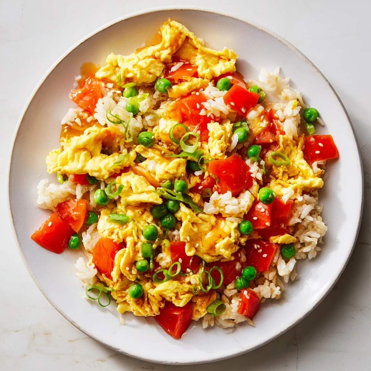 Steaming plate of egg fried rice classic, a quick and satisfying Chinese-inspired dinner.