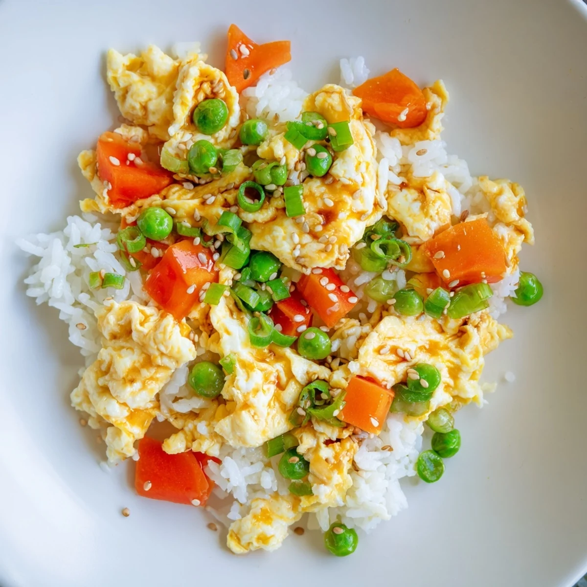 Fluffy egg fried rice classic with vibrant vegetables and a savory soy sauce glaze.