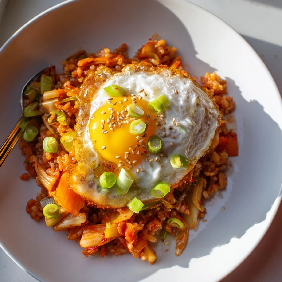 Sautéed kimchi fried rice, vibrant with carrots and onions, ready to serve with a fried egg.