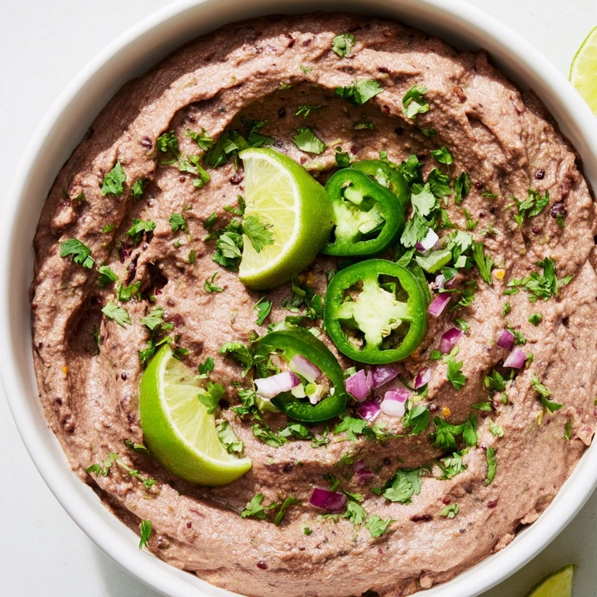Creamy Spicy Black Bean Dip showcased, garnished and ready for a festive gathering.