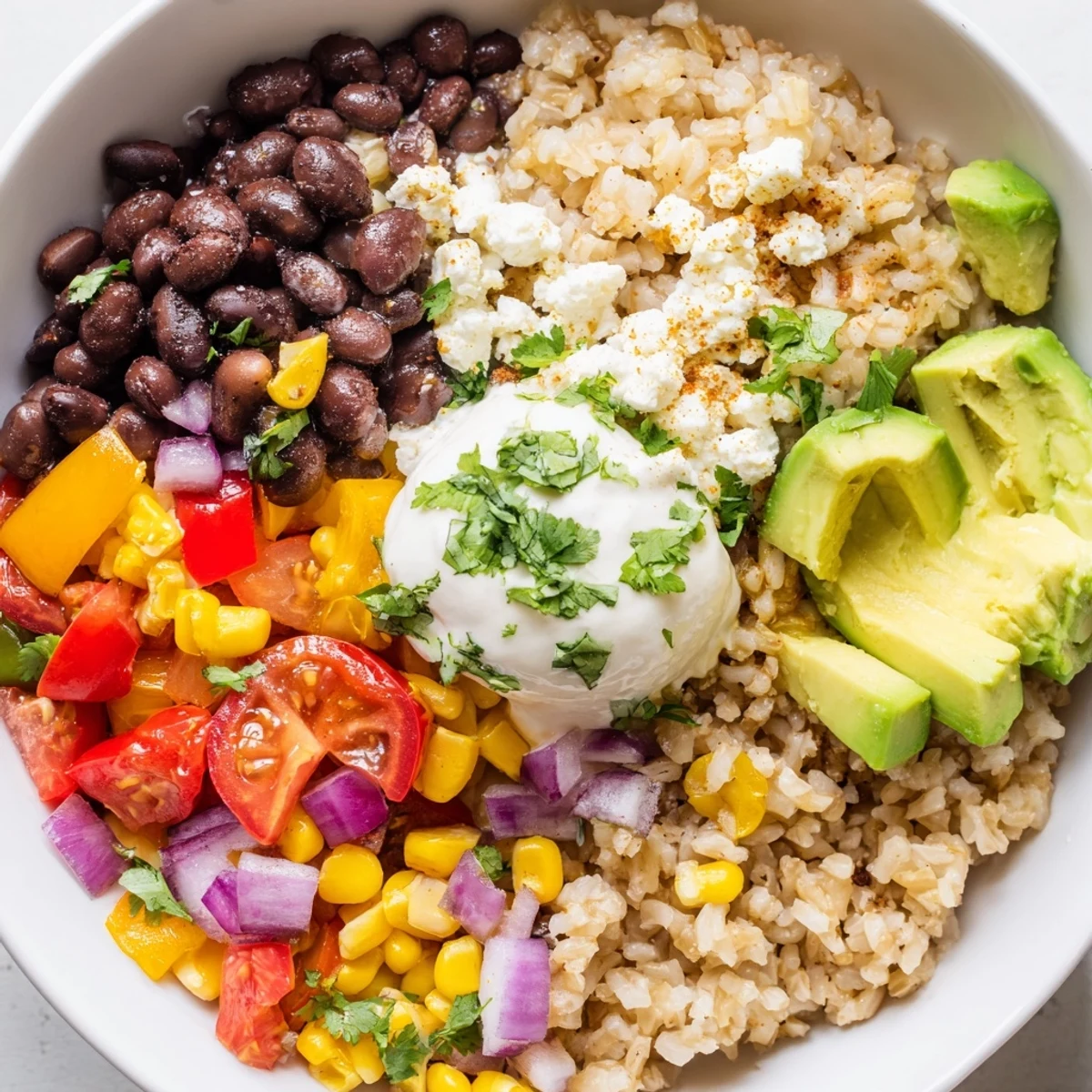 A delicious brown rice burrito bowl, featuring black beans, corn, and fresh avocado, ready to be devoured.