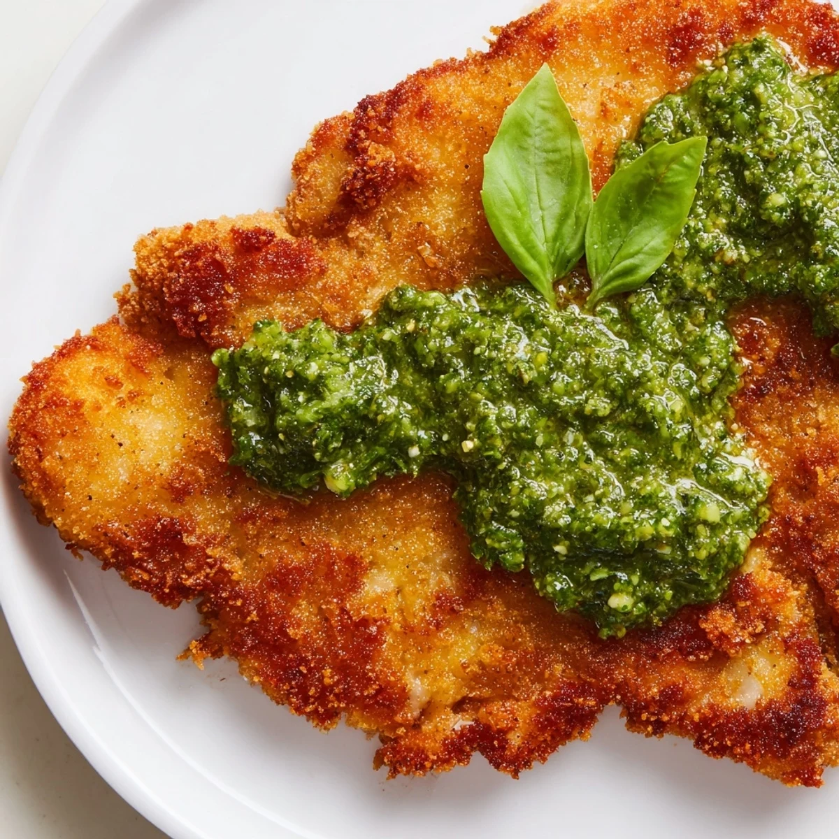 Parmesan-crusted crispy pesto chicken cutlets, ready to eat, served with fresh basil and lemon slices.