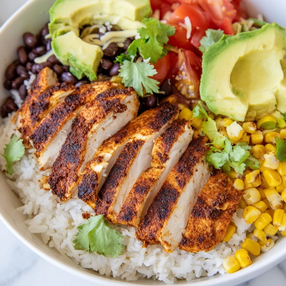 Spicy Chicken Burrito Bowl: A vibrant bowl showcasing grilled chicken atop fluffy rice with toppings and salsa.
