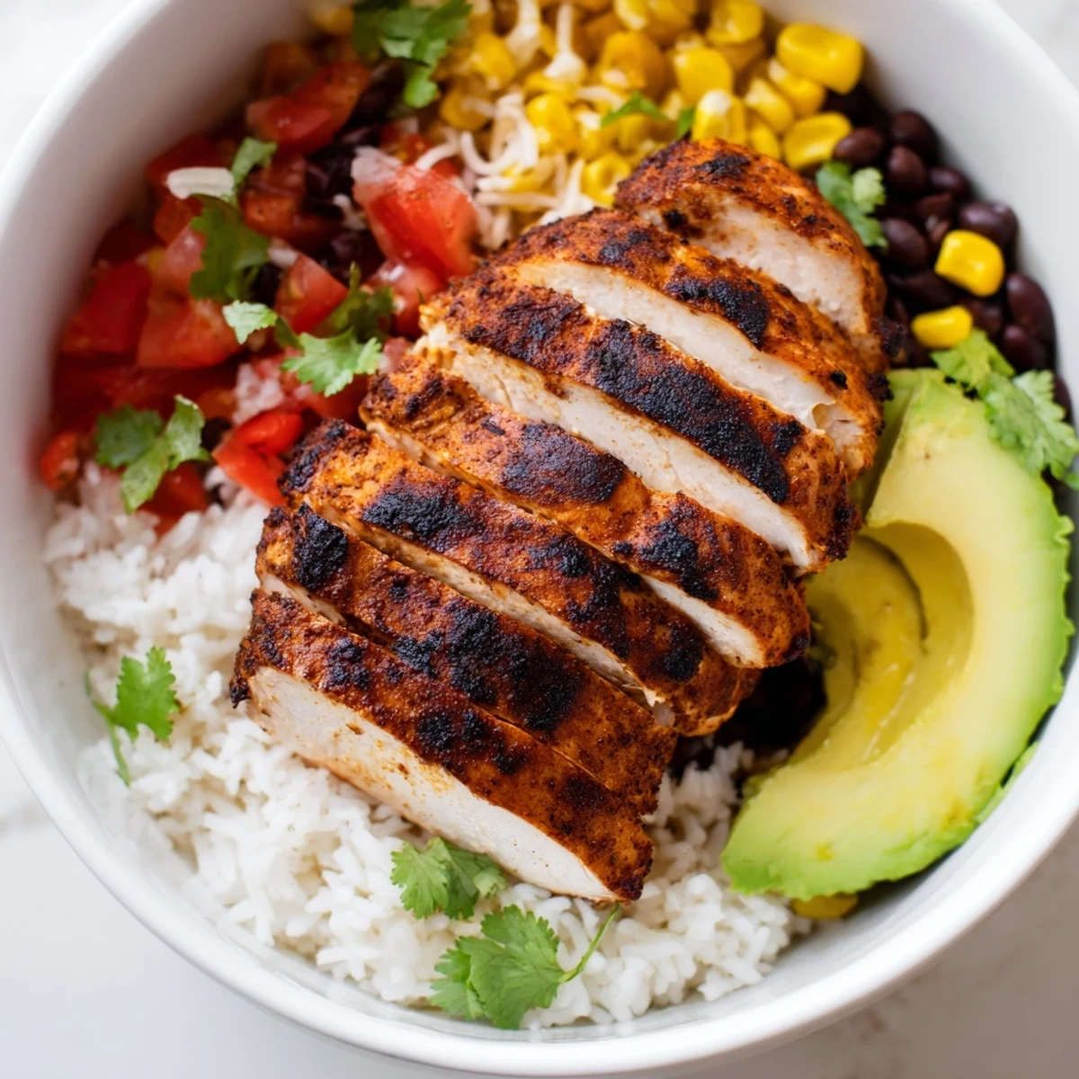 Tender grilled chicken slices over a Spicy Chicken Burrito Bowl, filled with colorful ingredients.