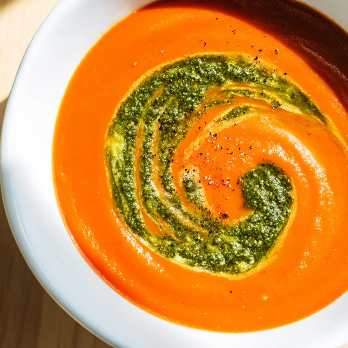 A steamy bowl of Tomato Soup with Basil Pesto Swirl, garnished and ready to eat.