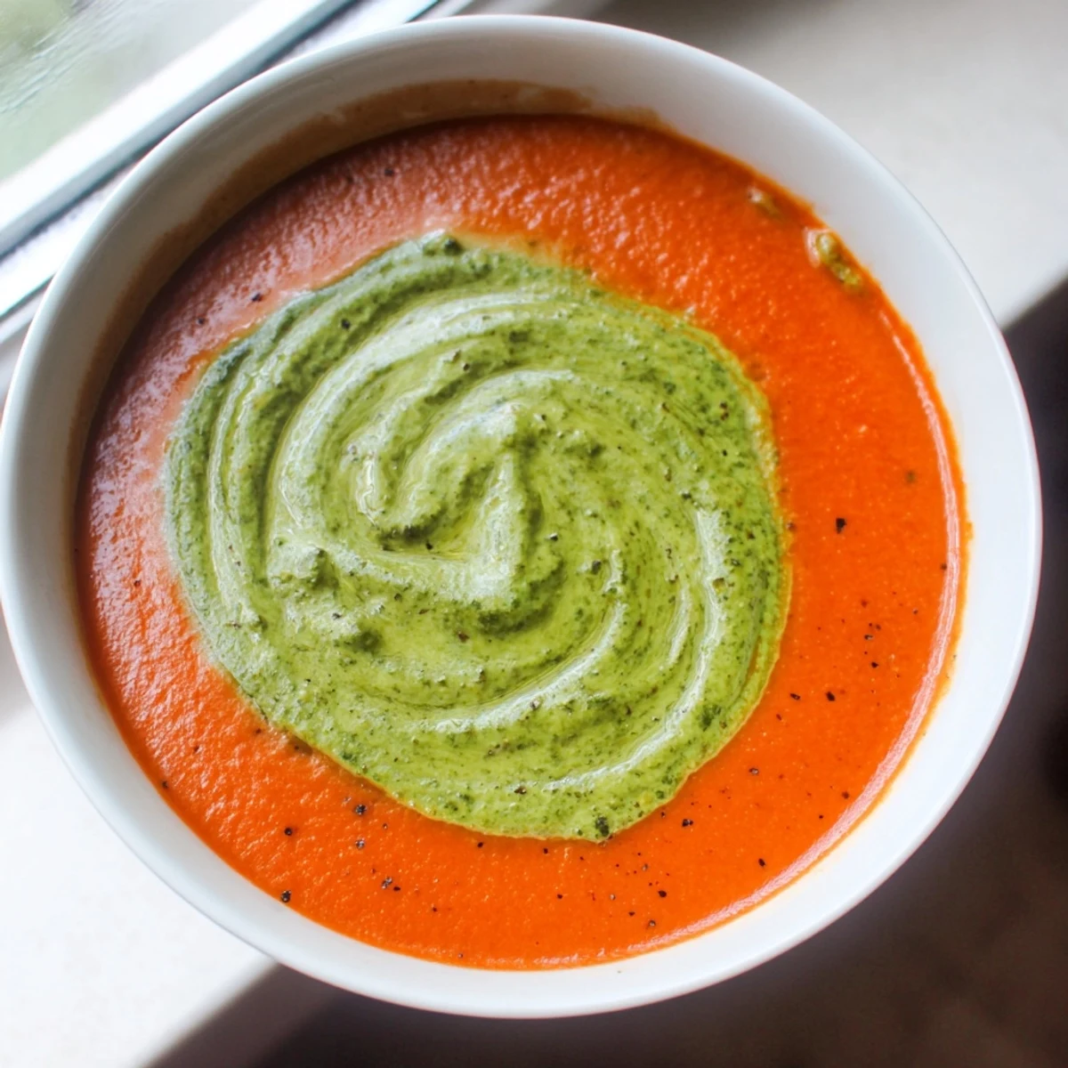 Close-up of Tomato Soup with Basil Pesto Swirl, showcasing the pesto's green swirl and texture.