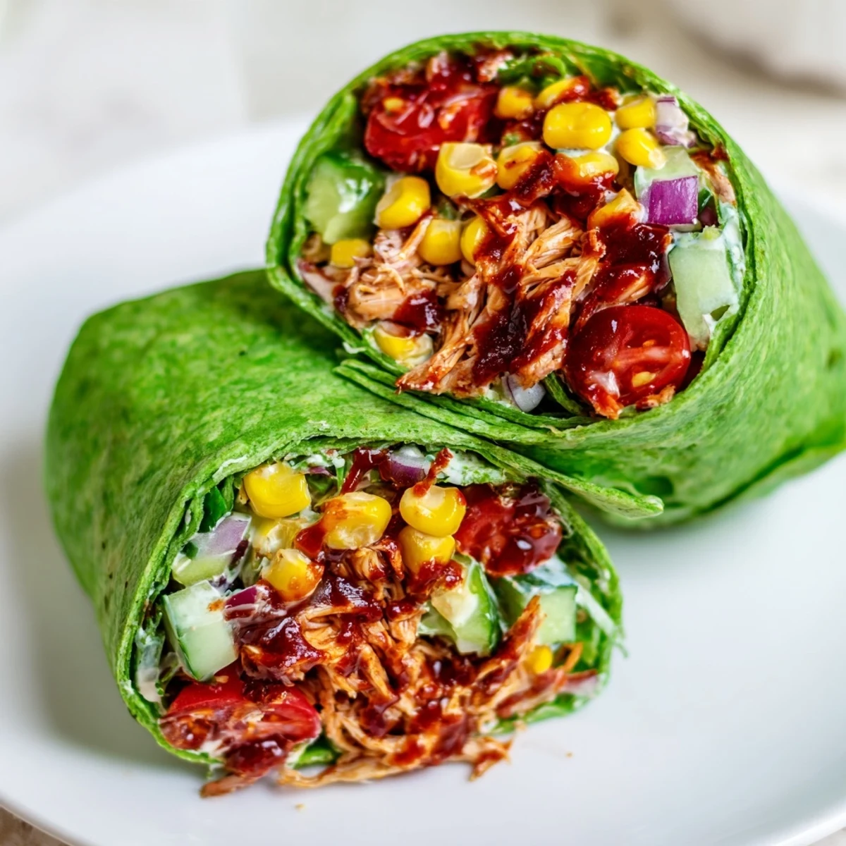 Smoky BBQ Chicken Salad Wrap with fresh veggies, ready to eat for a quick, delicious lunch.