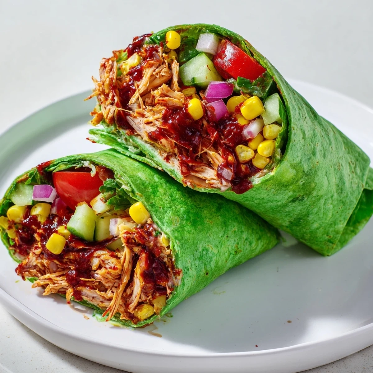 A close-up of a BBQ Chicken Salad Wrap, showing the filling spilling out with fresh ingredients.