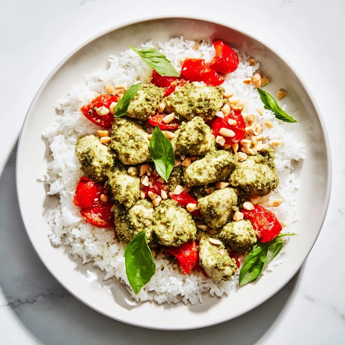 Tender, basil-coated chicken pesto rice bowl, ready to eat with fresh tomato chunks and basil.