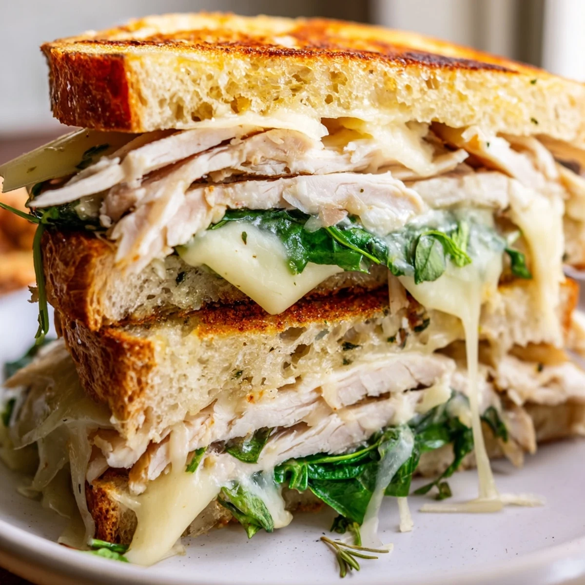 Golden, melty Grilled Chicken Spinach Panini, brimming with grilled chicken and fresh spinach, ready to serve.