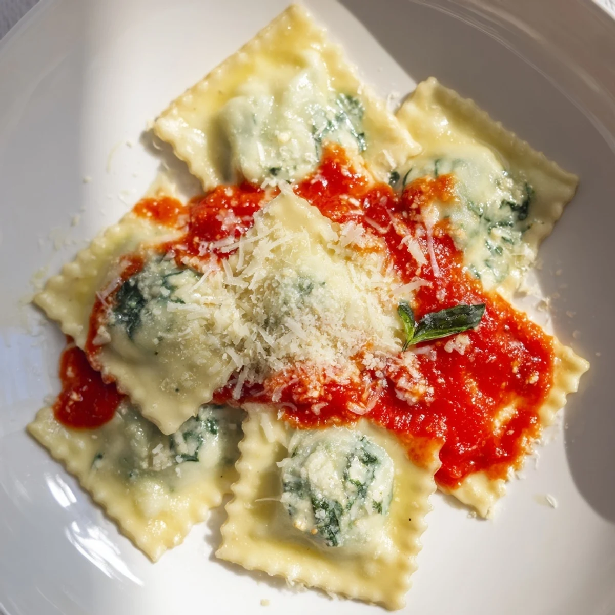 Tender spinach ricotta ravioli ready to serve, glistening with vibrant marinara sauce and fresh basil.